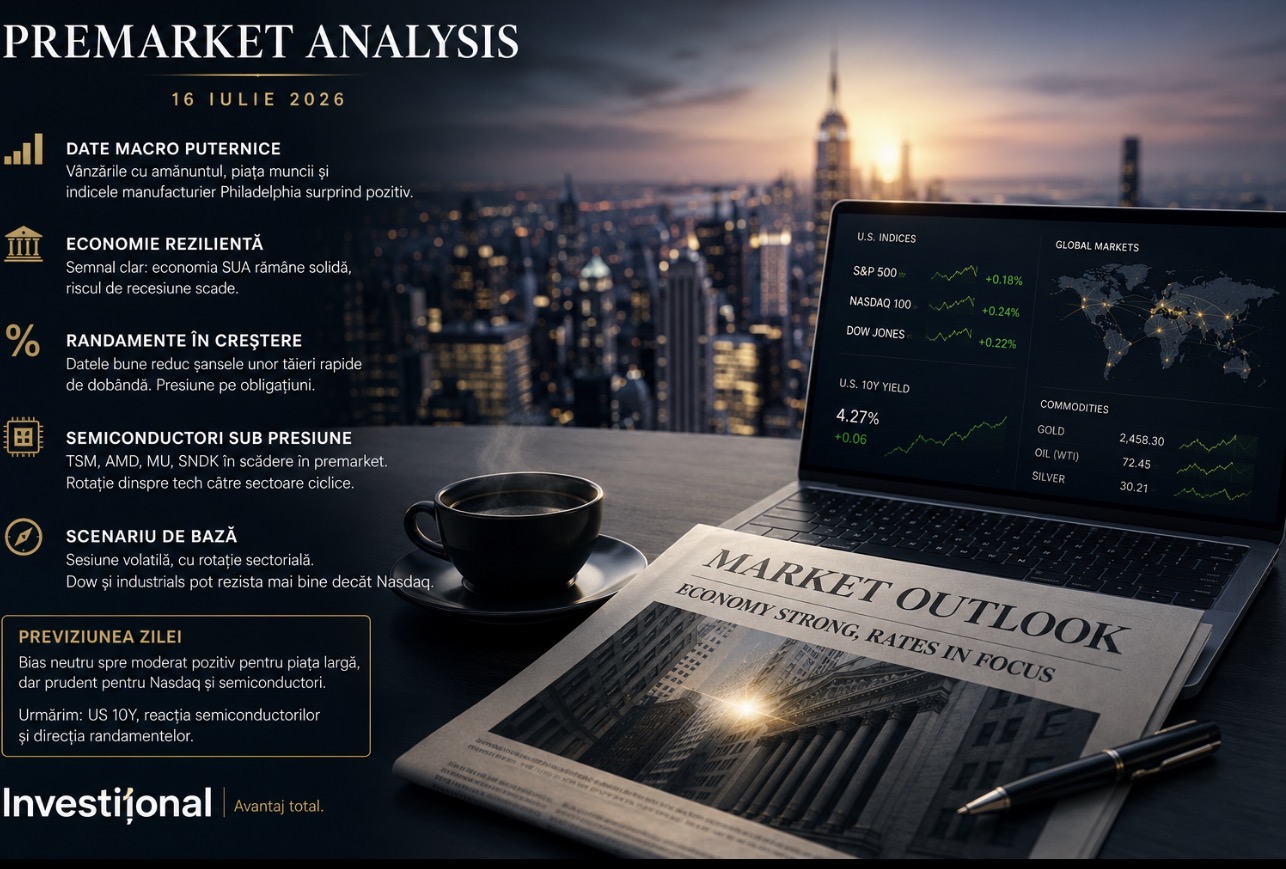 Analiza premarket, 16 iulie 2026. Wall Street primește confirmarea unei economii reziliente, dar tehnologia rămâne sub presiune