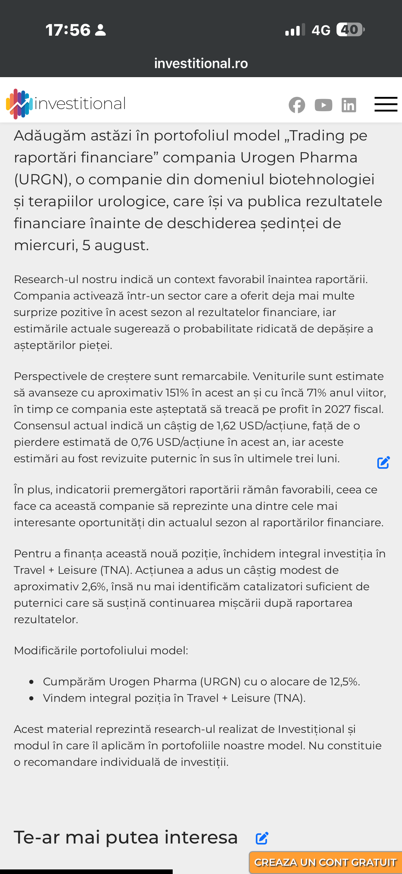 🚨 A doua analiză publică consecutivă confirmată de piață. URGN accelerează dupa  raportare.